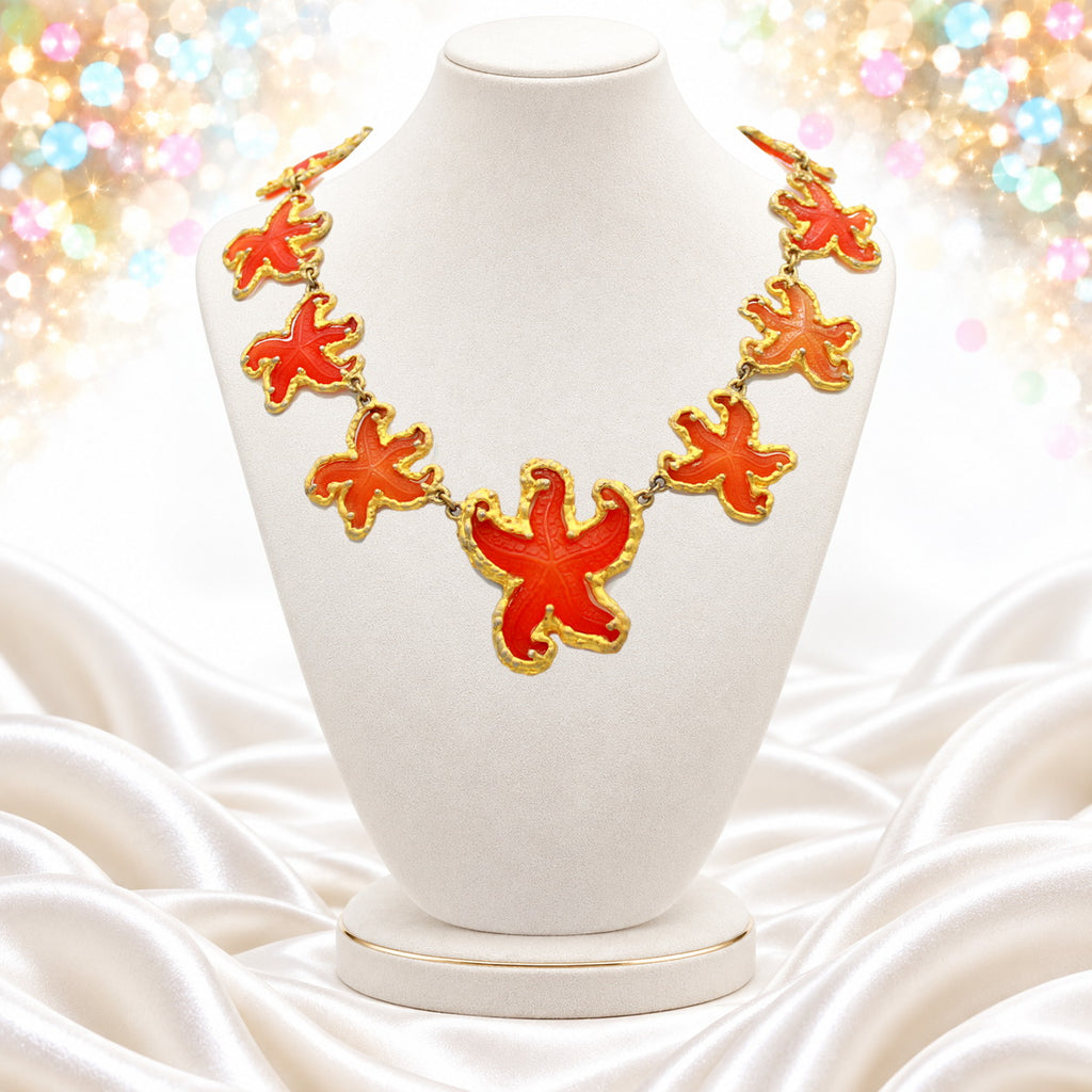 Vintage JULIANA Orange Figural Framed Lucite Starfish Collar Necklace IIJJ#6731