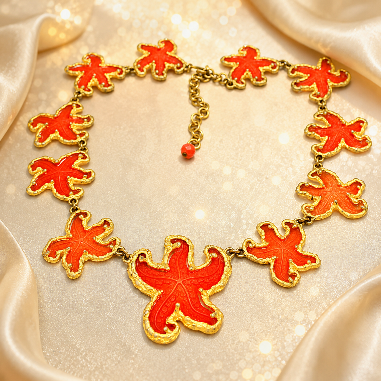 Vintage JULIANA Orange Figural Framed Lucite Starfish Collar Necklace IIJJ#6731