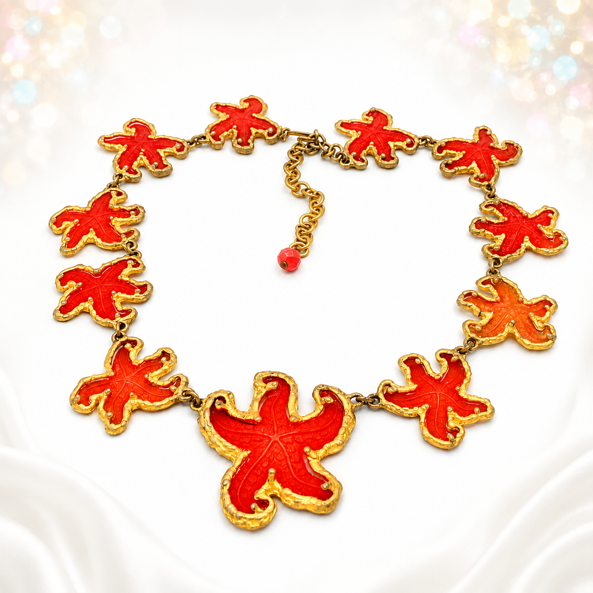 Vintage JULIANA Orange Figural Framed Lucite Starfish Collar Necklace IIJJ#6731