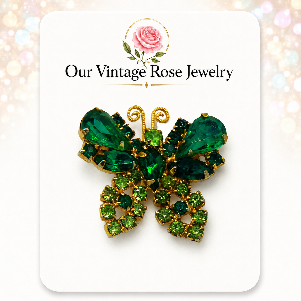 Vintage Juliana Green Peridot Rhinestone Butterfly Pear Wing Figural Brooch IIJJ#4652