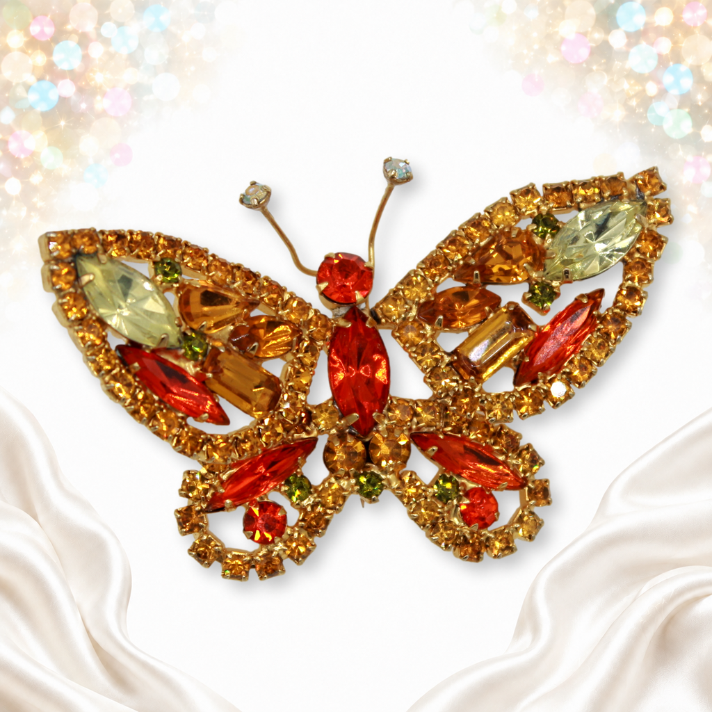 Juliana topaz orange and yellow rhinestone figural butterfly brooch front