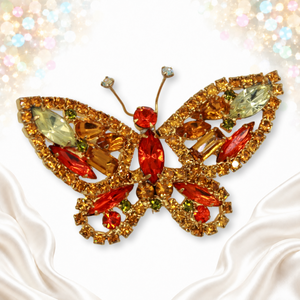 Vintage Juliana Topaz Orange Yellow Rhinestone Figural Butterfly Brooch IIJJ#9801