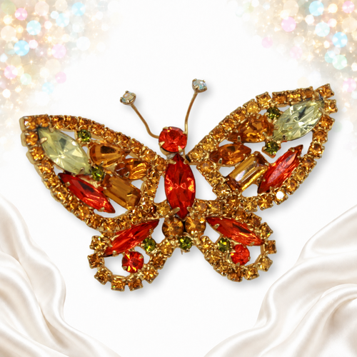 Juliana topaz orange and yellow rhinestone figural butterfly brooch front