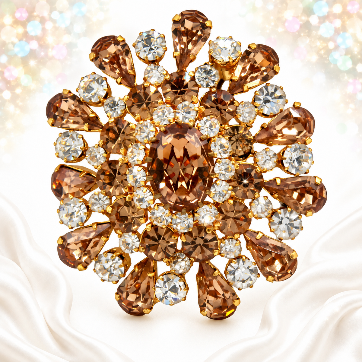 Vintage AUSTRIA Topaz Clear Rhinestone Large Dimensional Brooch