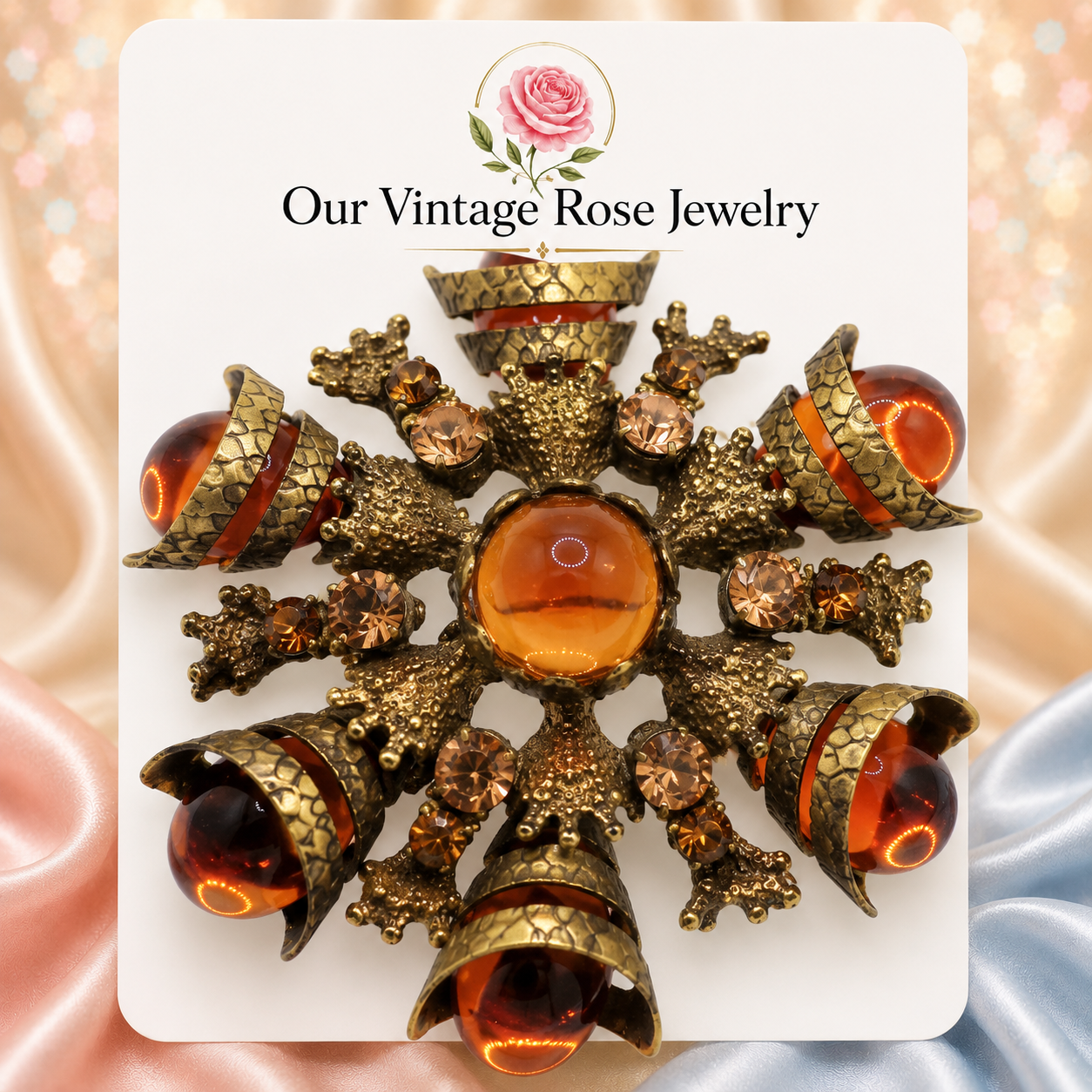Vintage JULIANA Amber Topaz Cabochon Molten Metal Statement Brooch IIJJ#9331
