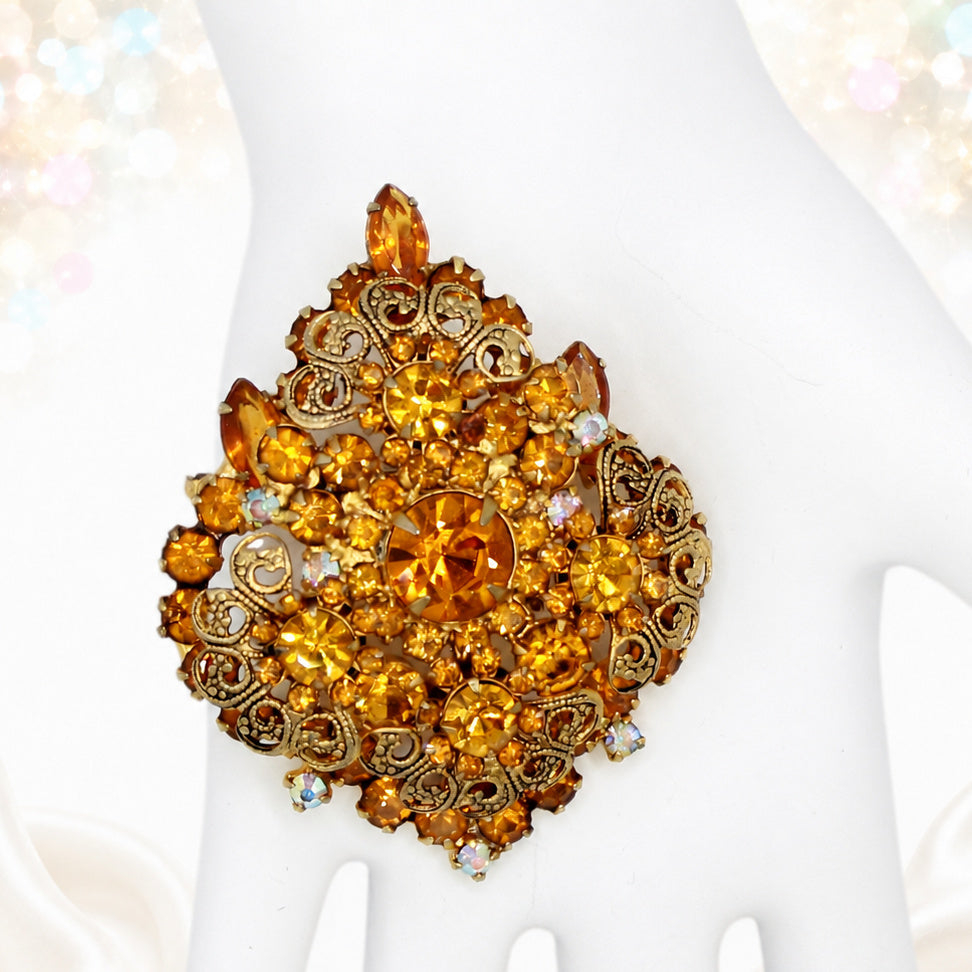 Vintage Juliana Topaz AB Rhinestone Scrolled Filigree Brooch Pendant IIJJ#9364