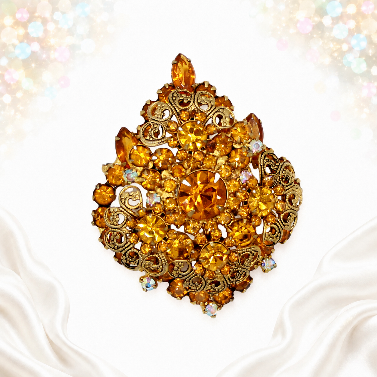 Vintage Juliana Topaz AB Rhinestone Scrolled Filigree Brooch Pendant IIJJ#9364