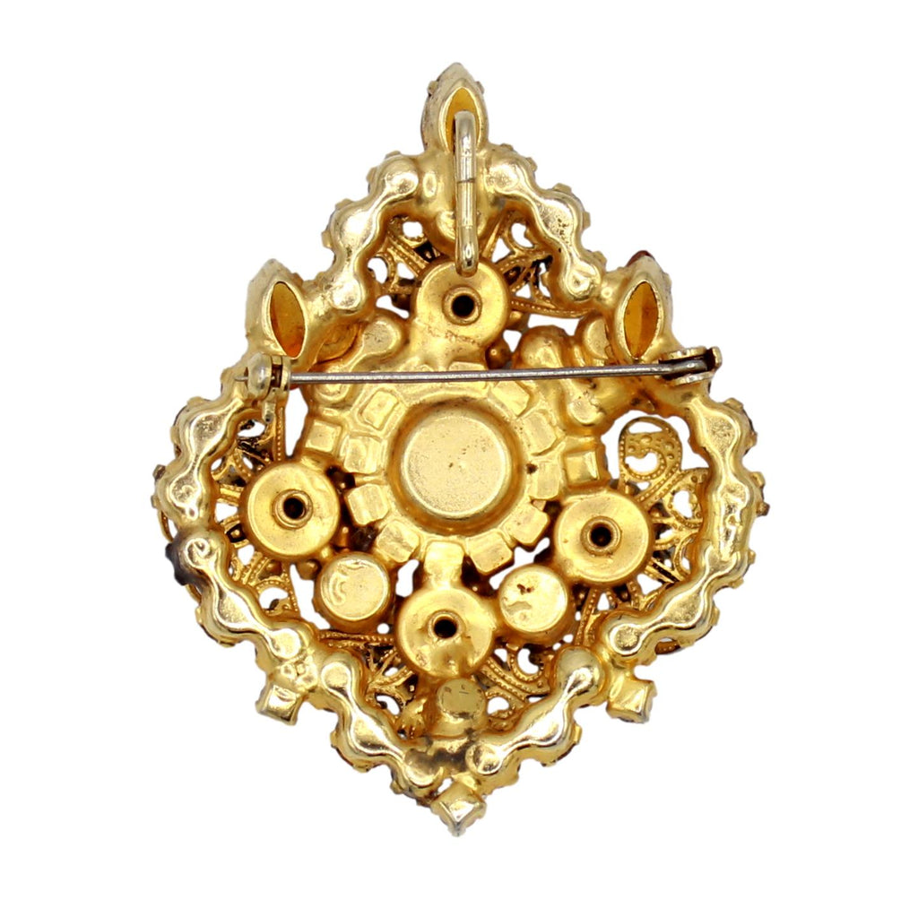 Vintage Juliana Topaz AB Rhinestone Scrolled Filigree Brooch Pendant IIJJ#9364
