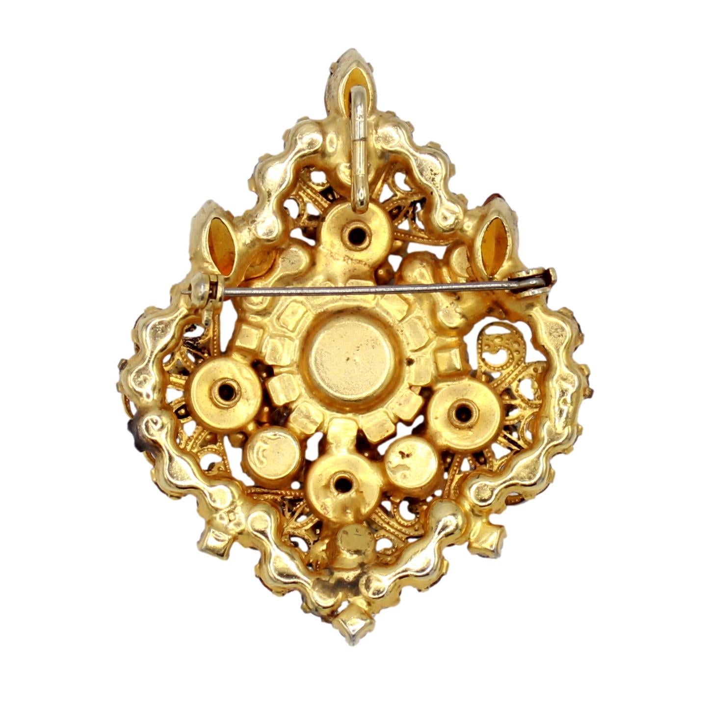 Vintage Juliana Topaz AB Rhinestone Scrolled Filigree Brooch Pendant IIJJ#9364
