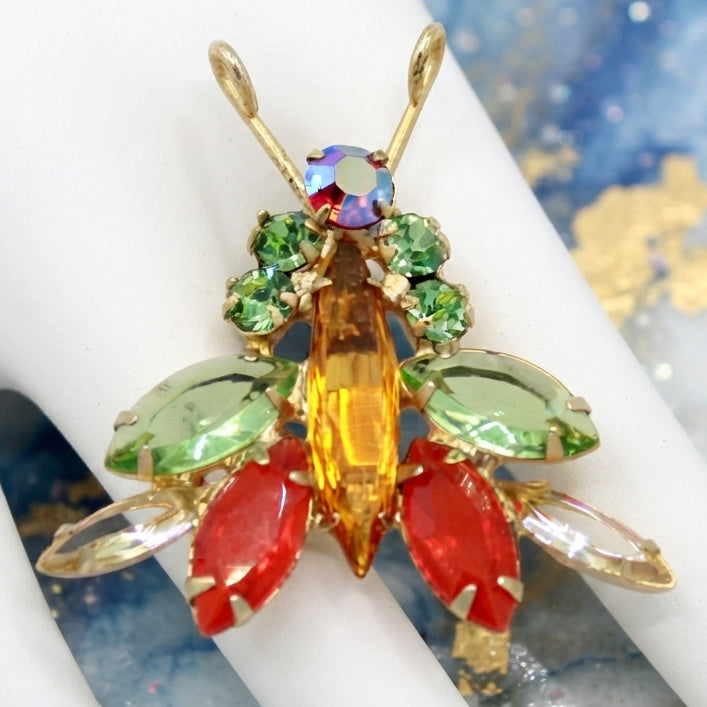 Coming Soon Vintage Juliana Figural Glitter Bug Brooch Orange Peridot Rhinestones Book Piece IIJJ#2443