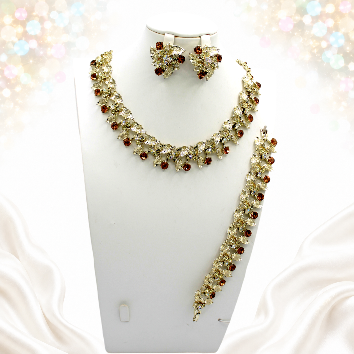 Vintage Topaz AB Rhinestone Gold Leaf Necklace Bracelet Earrings Set