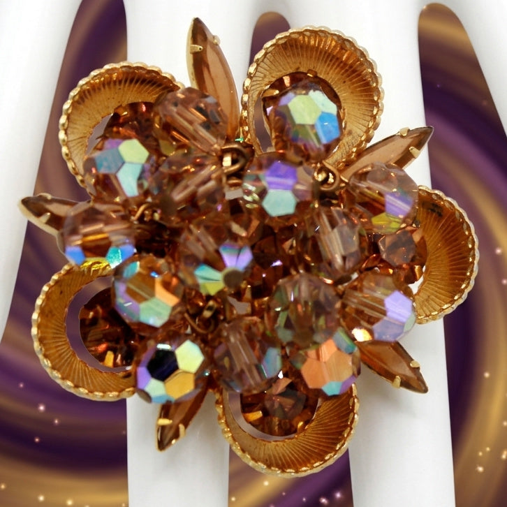 Vintage Juliana Topaz Rhinestone Crystal Bead Cha-Cha Half Cup Brooch IIJJ#9160
