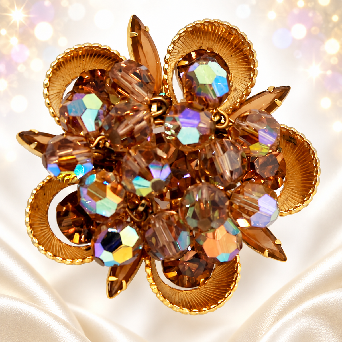 Vintage Juliana Topaz Rhinestone Crystal Bead Cha-Cha Half Cup Brooch IIJJ#9160