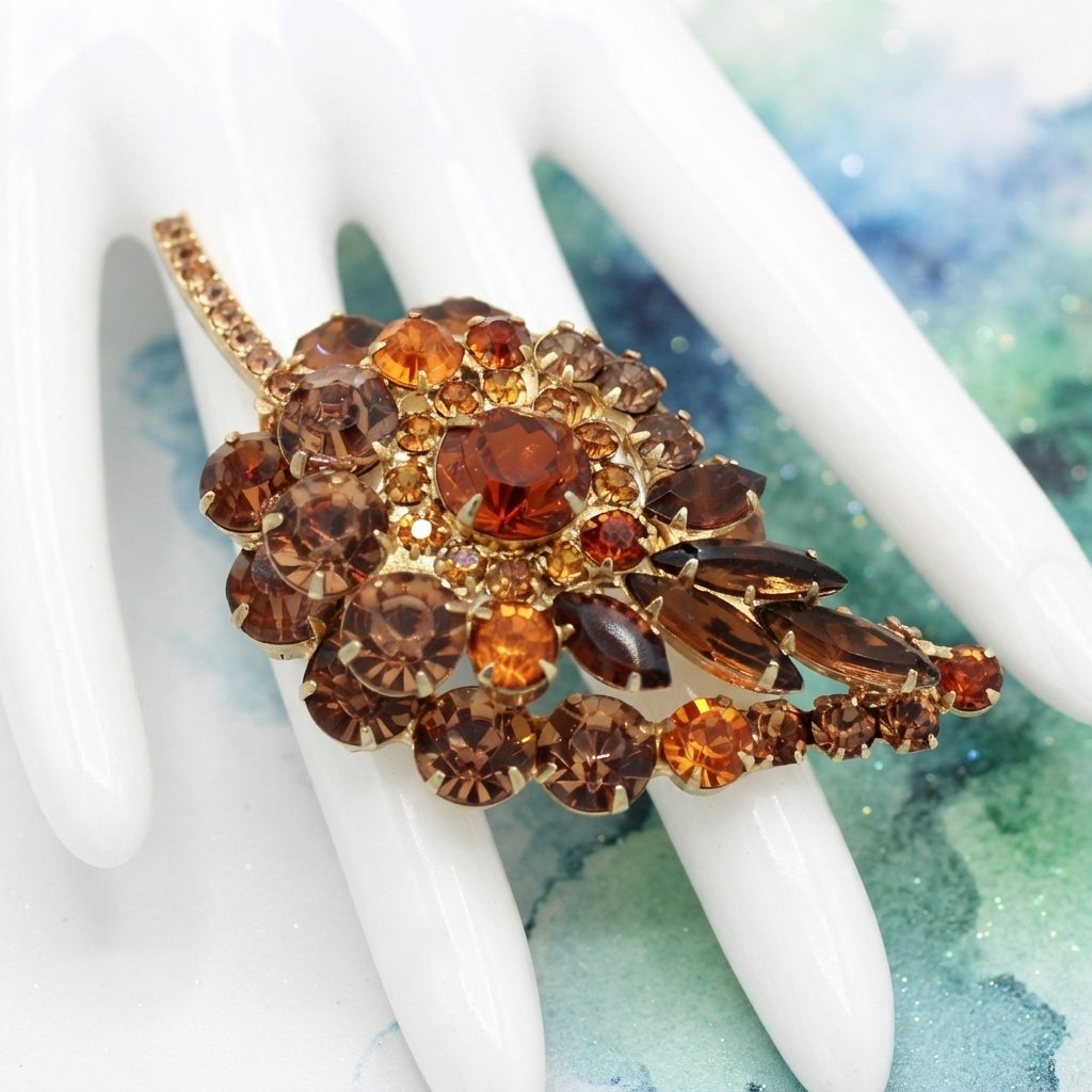 Coming Soon Vintage Juliana Layered Topaz Leaf Brooch Gold Tone Rhinestones IIJJ#495