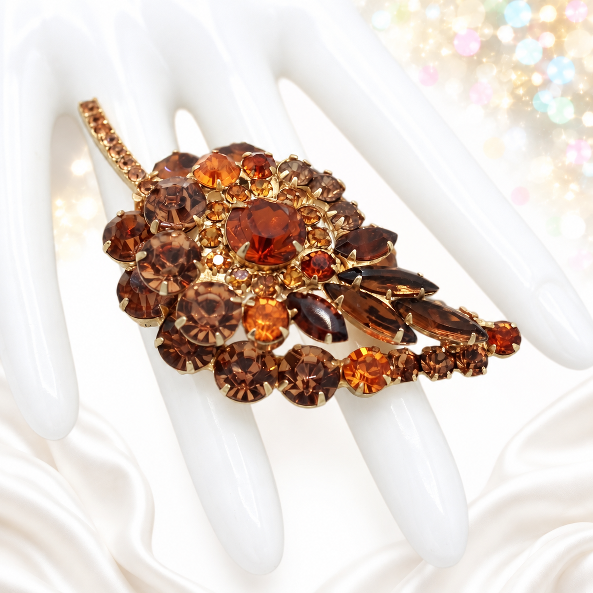 Vintage Juliana Layered Topaz Leaf Brooch Gold Tone Rhinestones IIJJ#495