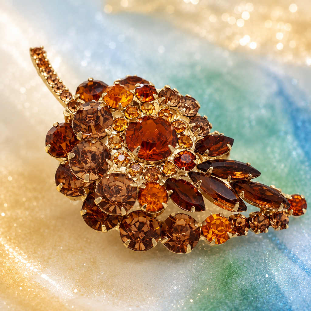 Vintage Juliana Layered Topaz Leaf Brooch Gold Tone Rhinestones IIJJ#495