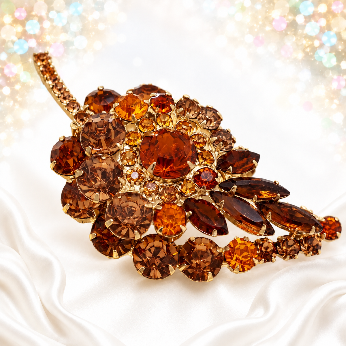 Vintage Juliana Layered Topaz Leaf Brooch Gold Tone Rhinestones IIJJ#495