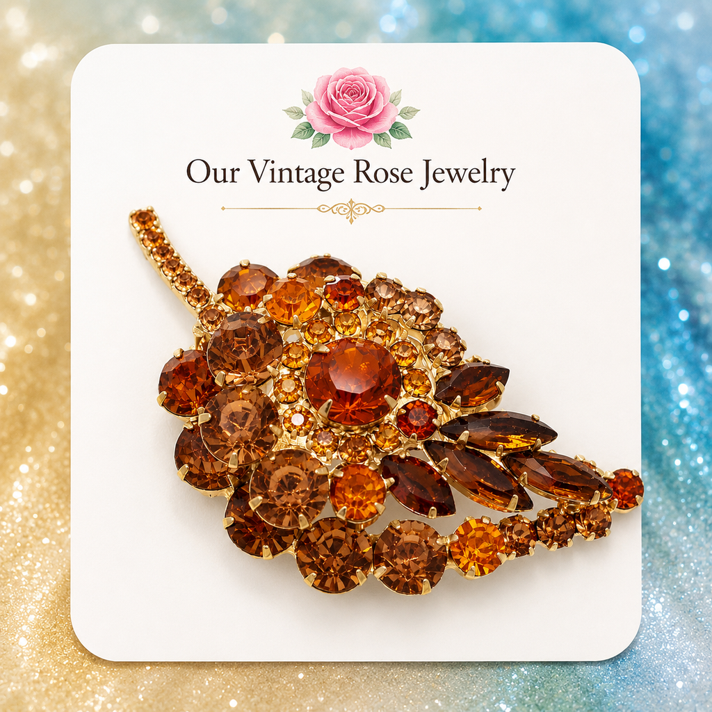 Vintage Juliana Layered Topaz Leaf Brooch Gold Tone Rhinestones IIJJ#495