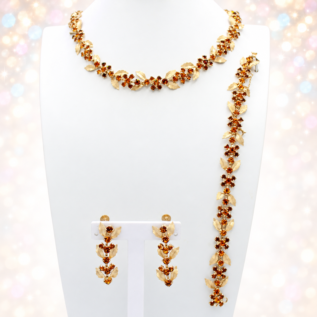 Vintage Dainty Topaz Amber Rhinestone Leaf Necklace Bracelet Dangle Earrings Set