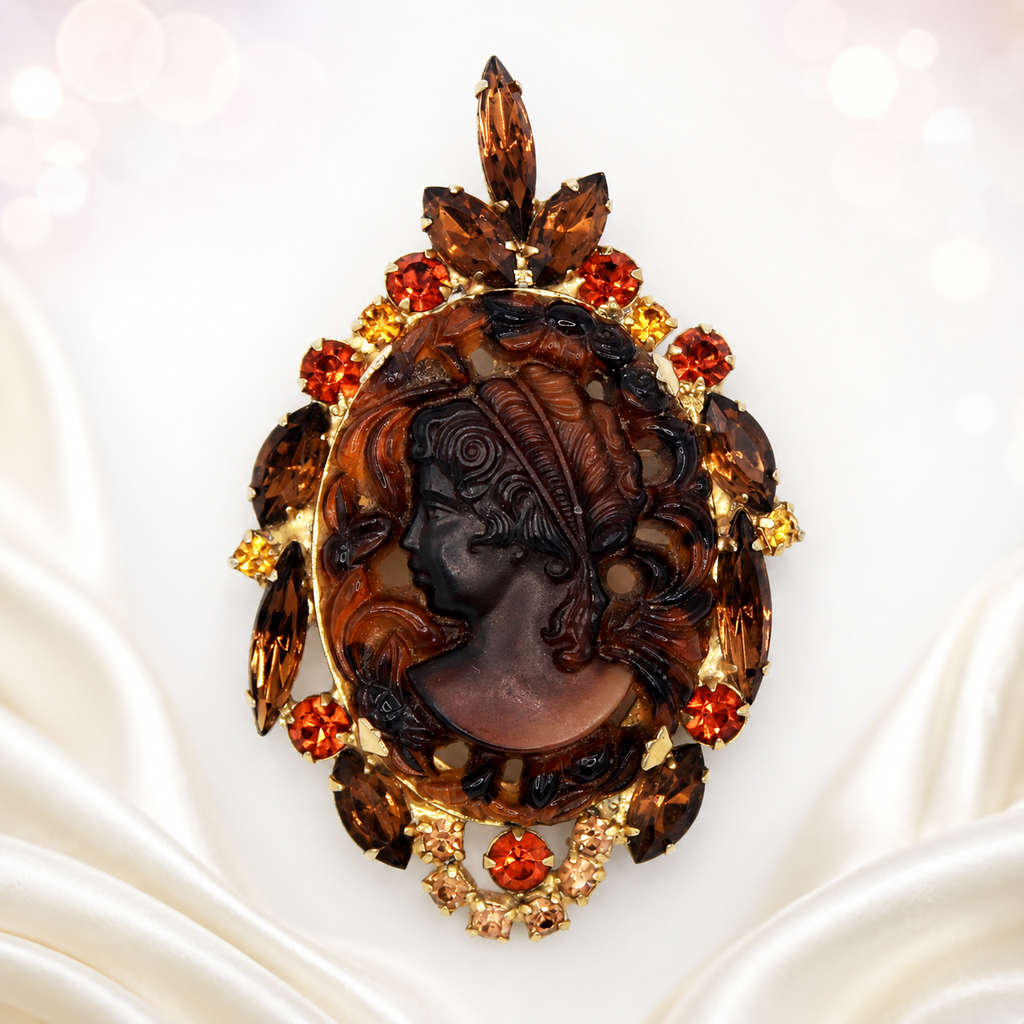 Vintage Juliana Openwork Cameo Rhinestone Brooch Pendant Topaz IIJJ#7286