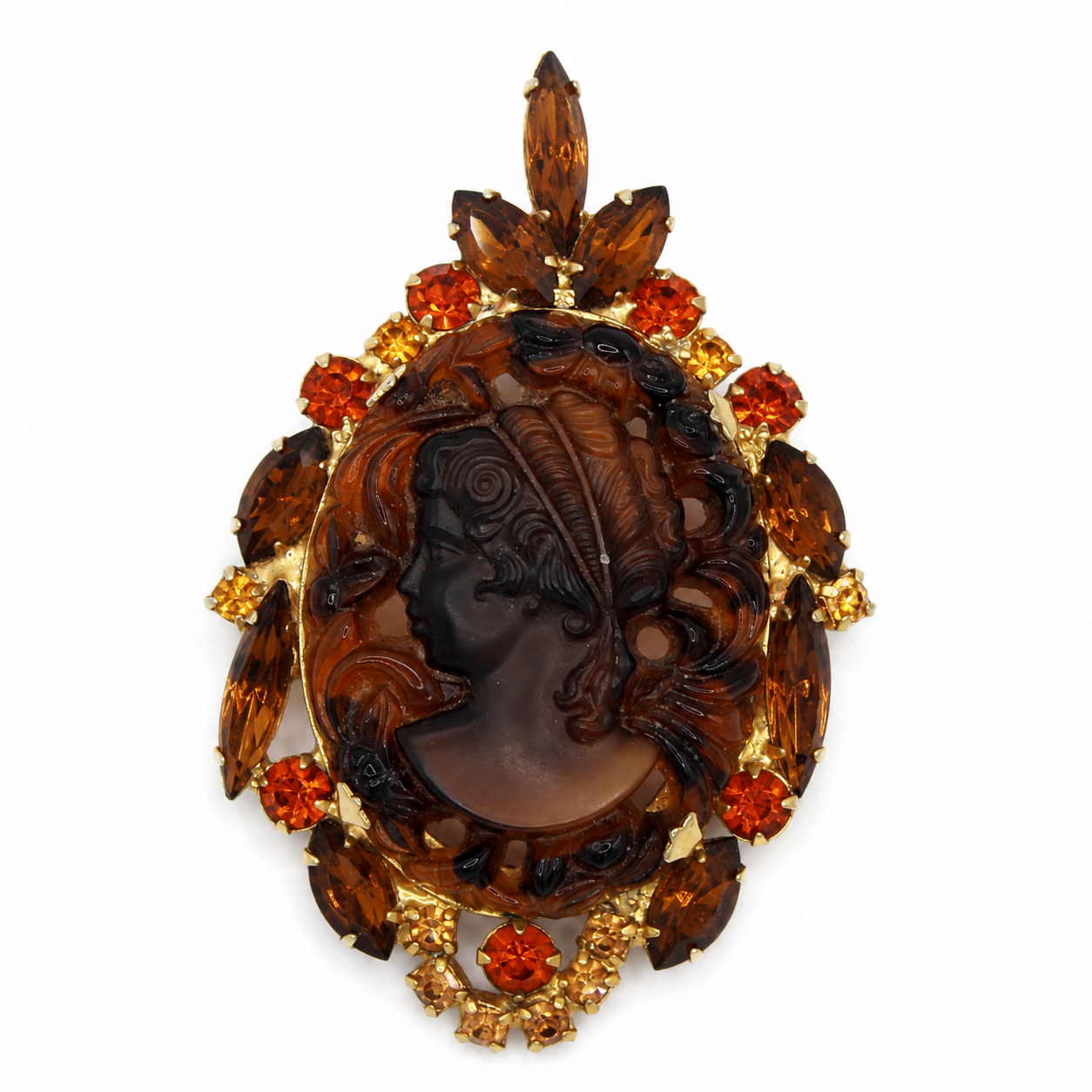 Vintage Juliana Openwork Cameo Rhinestone Brooch Pendant Topaz IIJJ#7286