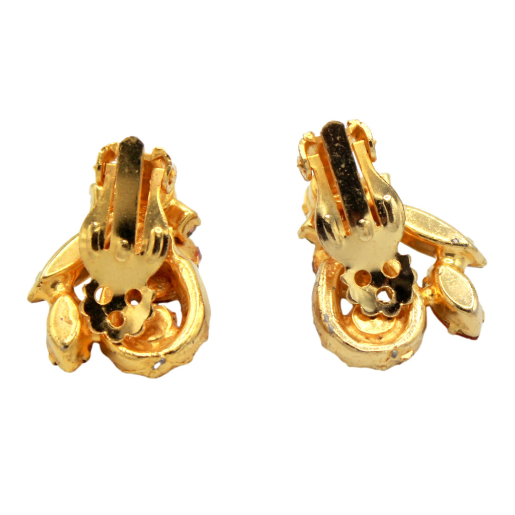 Vintage JULIANA Topaz Amber Rhinestone Pom Pom Style Clip Earrings IIJJ#2741