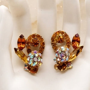 Vintage JULIANA Topaz Amber Rhinestone Pom Pom Style Clip Earrings IIJJ#2741