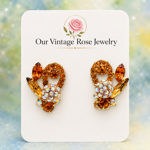 Vintage JULIANA Topaz Amber Rhinestone Pom Pom Style Clip Earrings IIJJ#2741