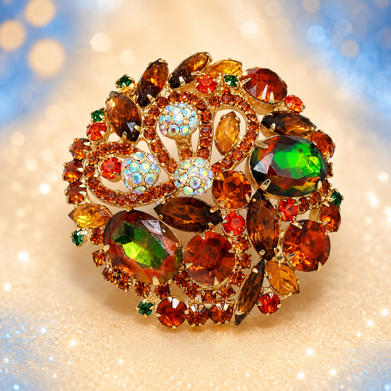 Vintage Juliana Fall Watermelon Oval Rhinestone Brooch Pom Poms IIJJ#9241