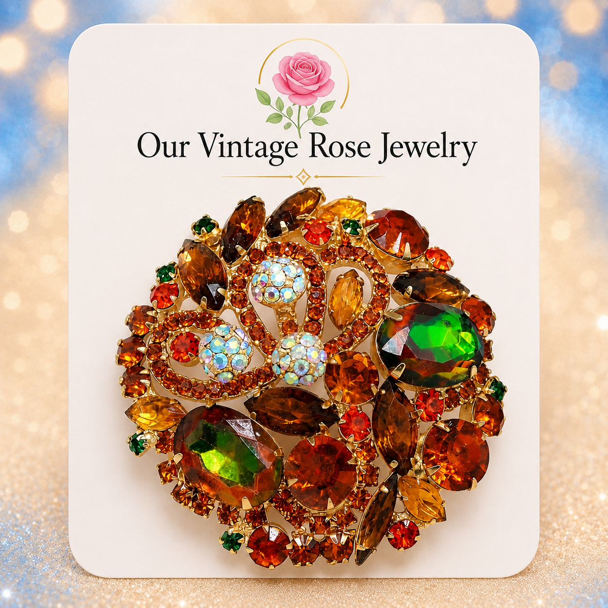 Vintage Juliana Fall Watermelon Oval Rhinestone Brooch Pom Poms IIJJ#9241
