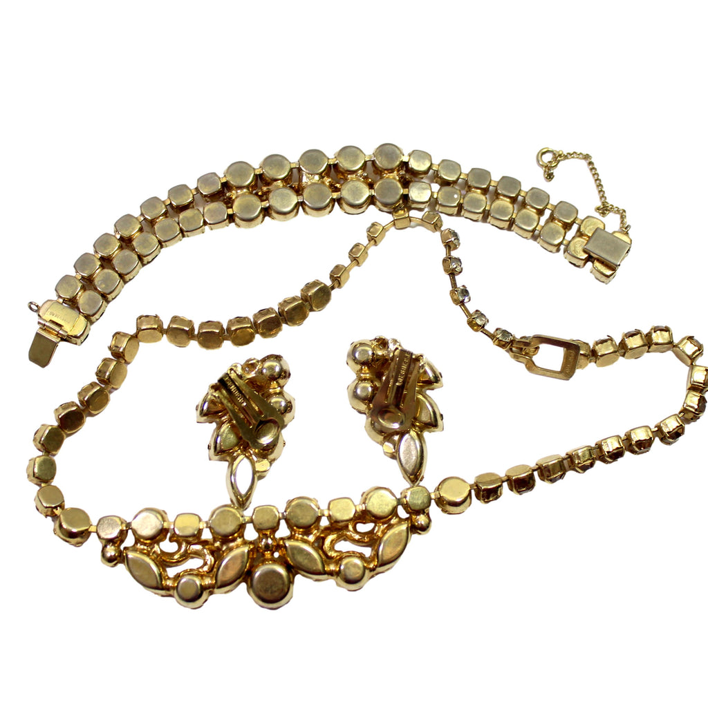 Vintage EISENBERG Topaz Rhinestone Clear Ribbon Necklace Bracelet Earrings Set