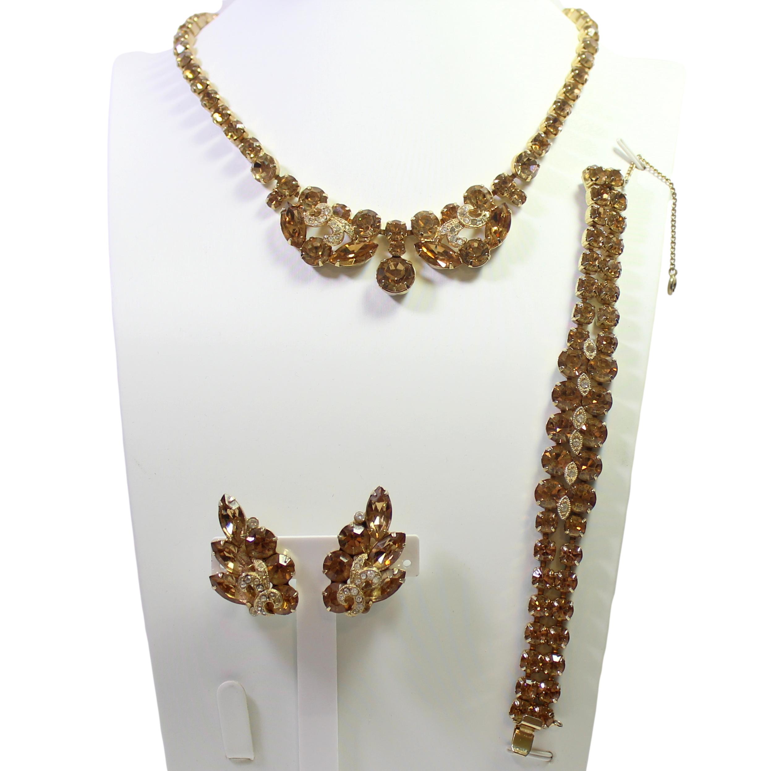 Vintage EISENBERG Topaz Rhinestone Clear Ribbon Necklace Bracelet Earrings Set