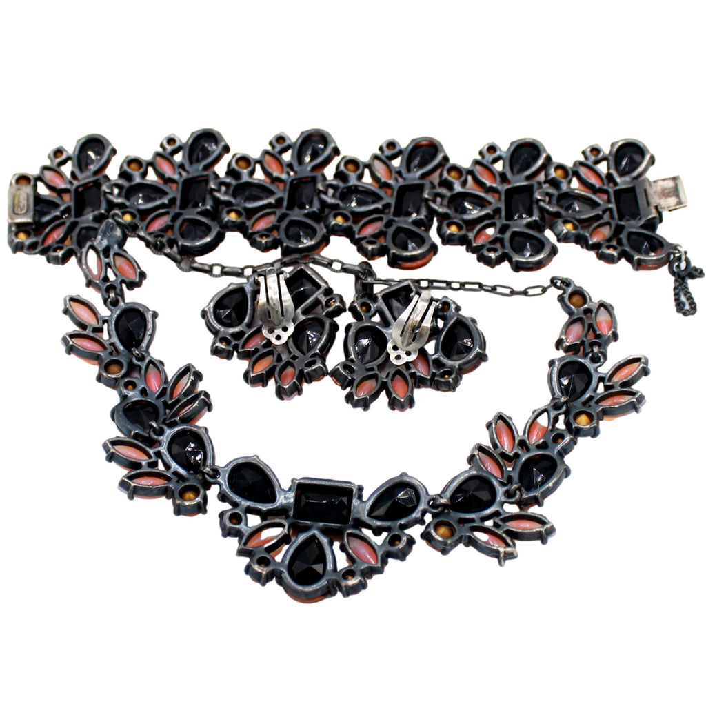 Vintage SCHIAPARELLI Orange Stripe Opalescent Givre Rhinestone Necklace Bracelet Earrings Set