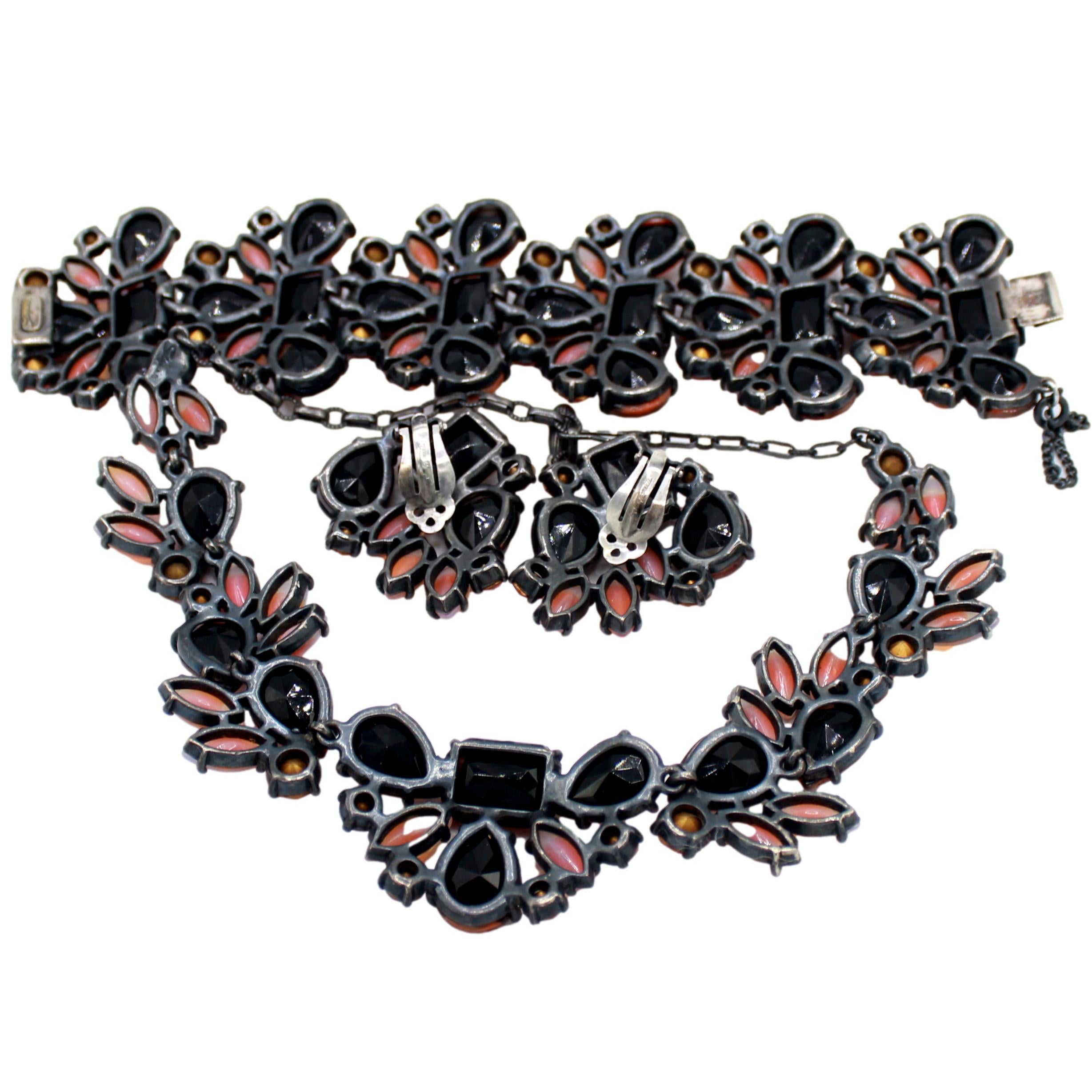 Vintage SCHIAPARELLI Orange Stripe Opalescent Givre Rhinestone Necklace Bracelet Earrings Set