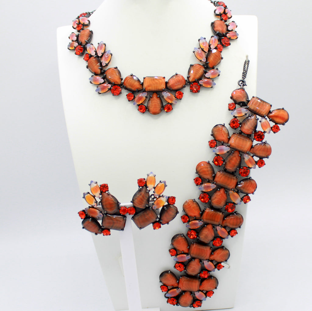 Vintage SCHIAPARELLI Orange Stripe Opalescent Givre Rhinestone Necklace Bracelet Earrings Set