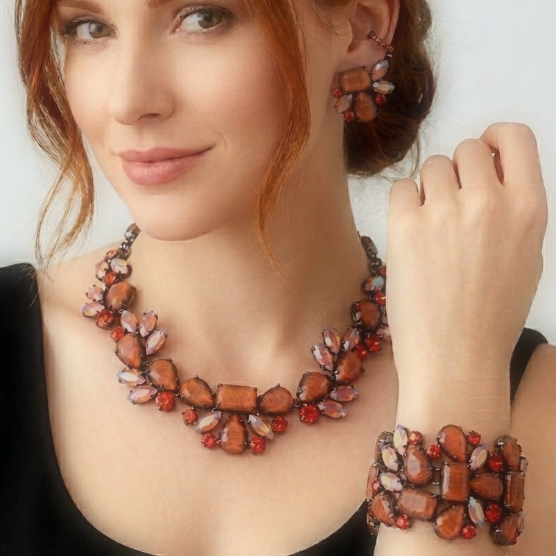 Vintage SCHIAPARELLI Orange Stripe Opalescent Givre Rhinestone Necklace Bracelet Earrings Set