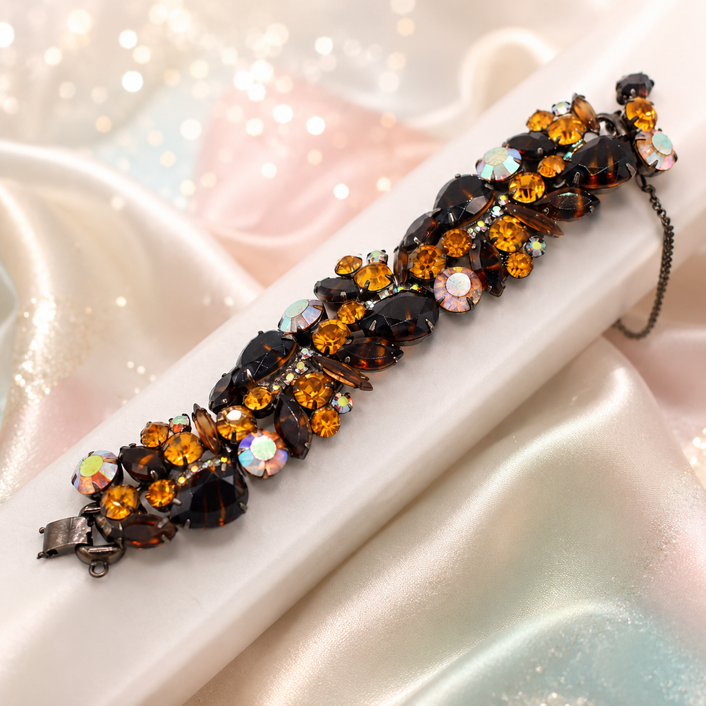 Vintage JULIANA Topaz Black Tortoise Striped Rhinestone Bracelet Book Piece IIJJ#649