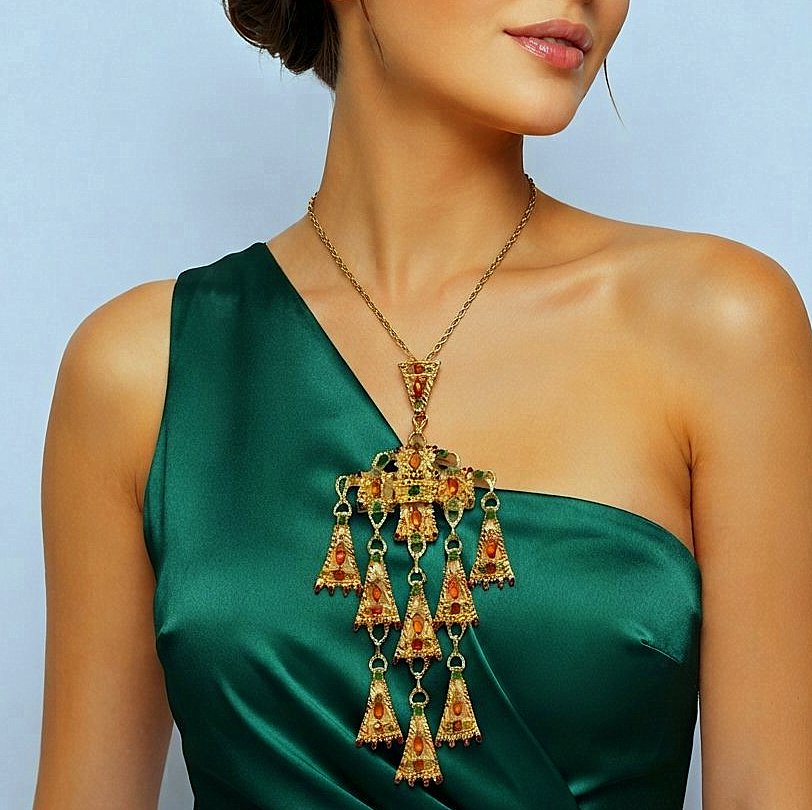Vintage JULIANA Green Topaz Rhinestone Egyptian Revival Statement Necklace #9198