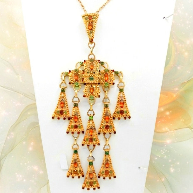 Vintage JULIANA Green Topaz Rhinestone Egyptian Revival Statement Necklace #9198