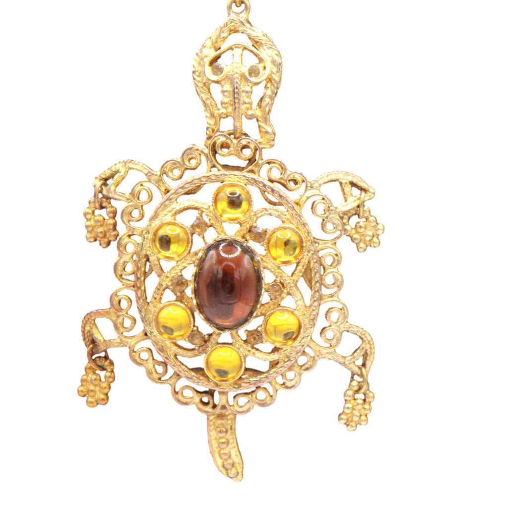 Coming Soon Vintage Juliana Articulated Figural Turtle Pendant Necklace Amber Topaz Cabochons IIJJ#9204