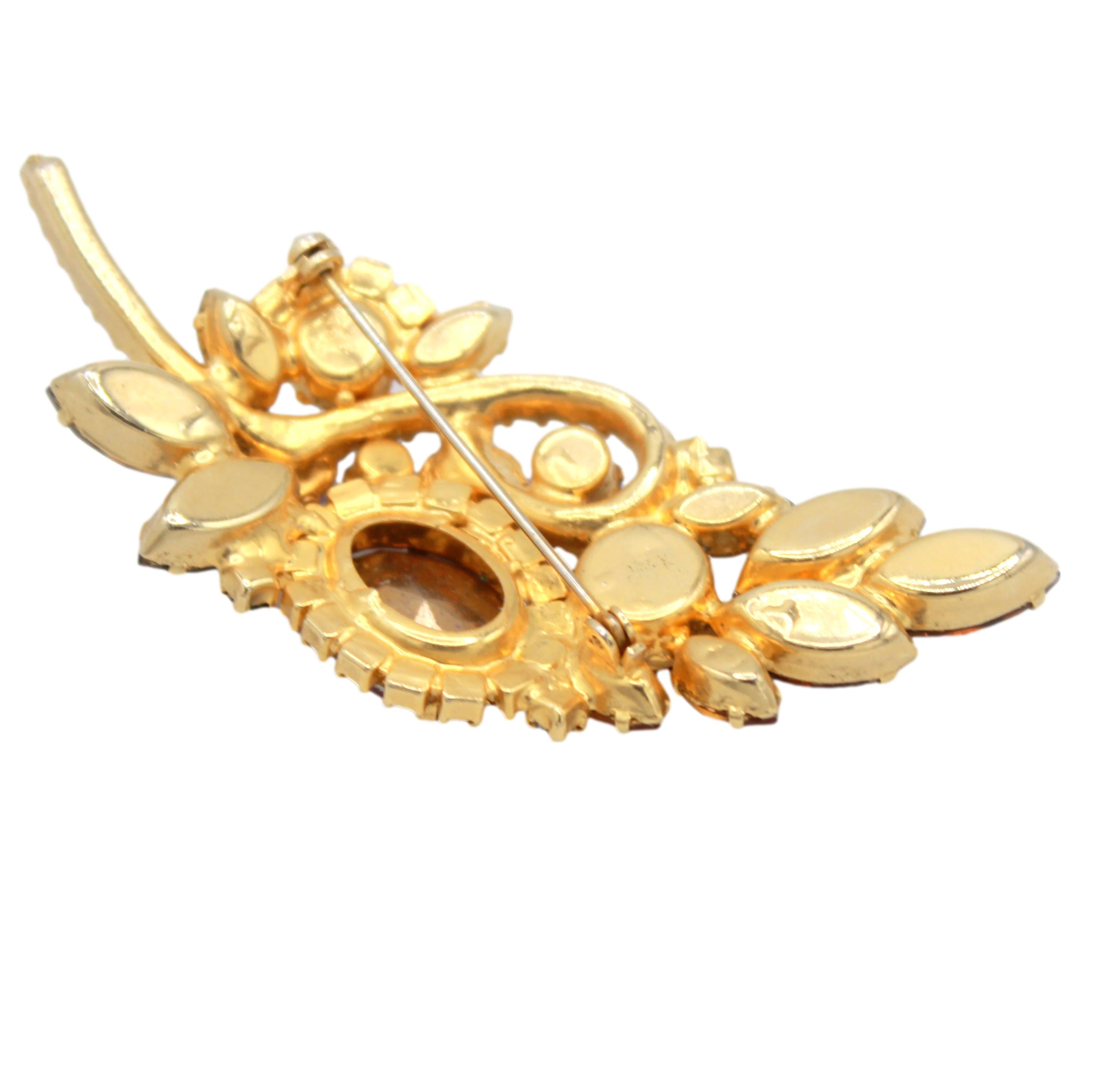 Vintage JULIANA Topaz Fall Watermelon Pom Pom Leaf Rhinestone Brooch IIJJ#3536