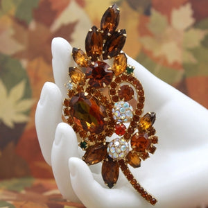 Vintage JULIANA Topaz Fall Watermelon Pom Pom Leaf Rhinestone Brooch IIJJ#3536