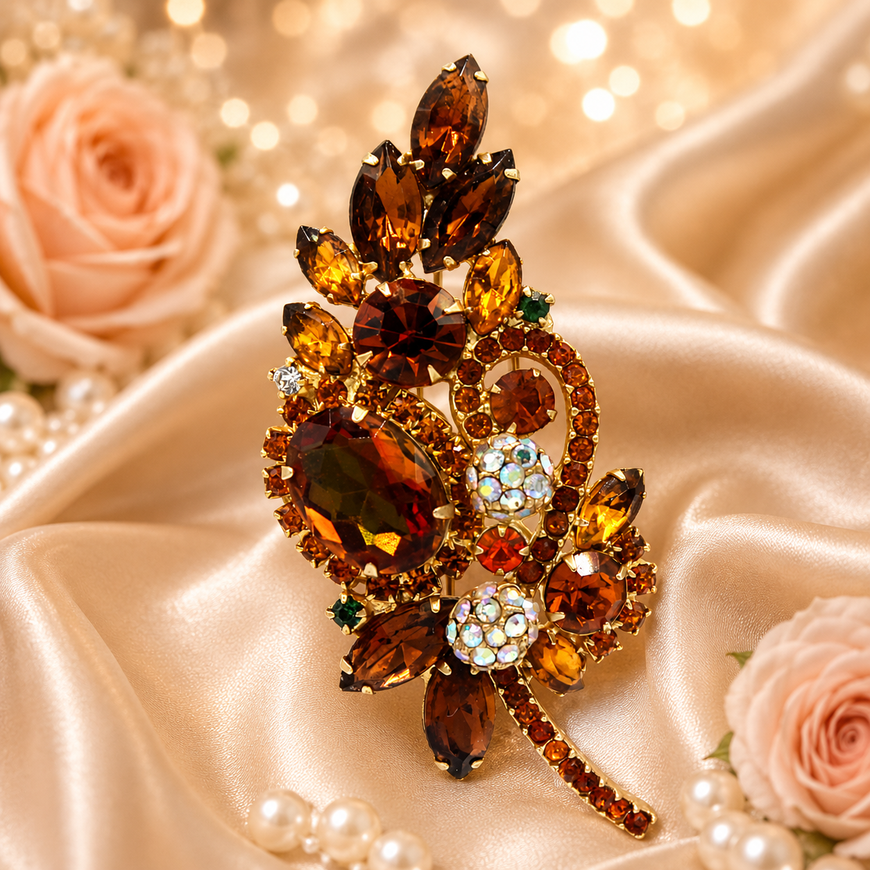 Vintage JULIANA Topaz Fall Watermelon Pom Pom Leaf Rhinestone Brooch IIJJ#3536