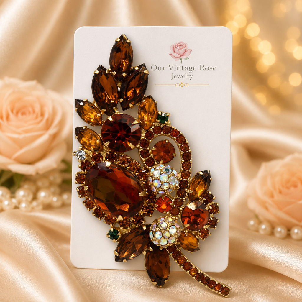 Vintage JULIANA Topaz Fall Watermelon Pom Pom Leaf Rhinestone Brooch IIJJ#3536