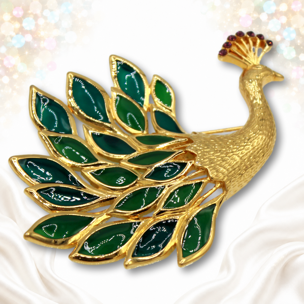 Angled view of Trifari green and teal peacock rhinestone brooch