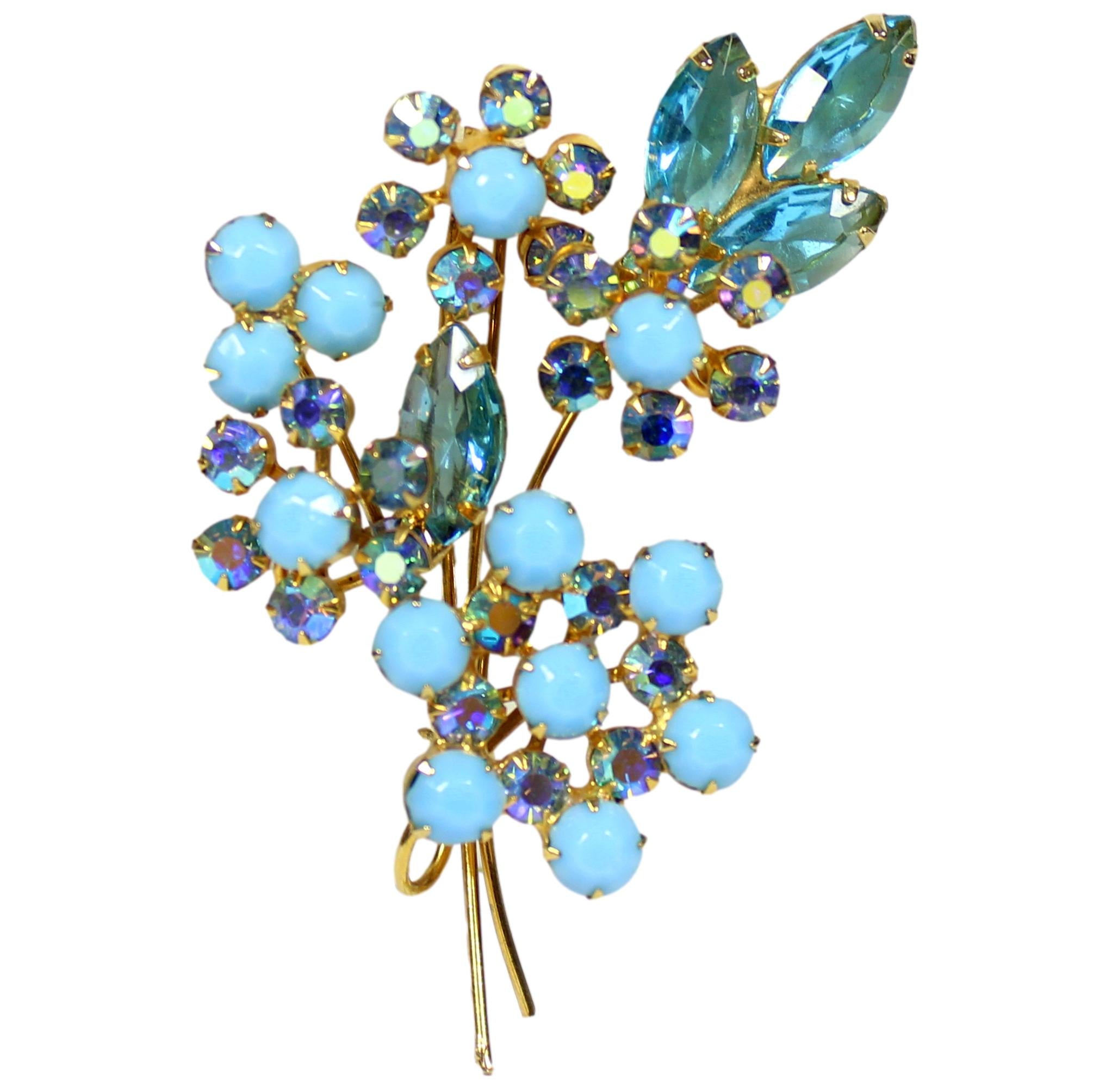 Vintage Juliana Turquoise Aqua Blue Rhinestone Flower Earrings IIJJ#9161