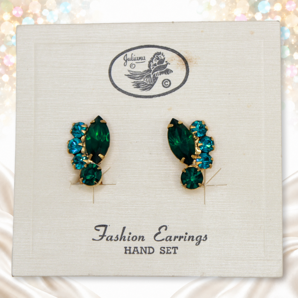 Juliana teal and green rhinestone clip earrings on their original presentation card