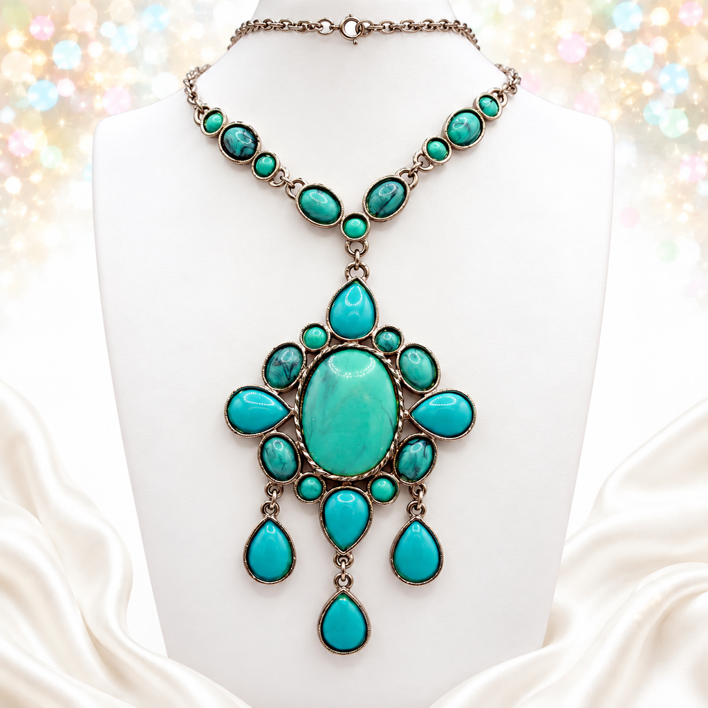 Vintage Juliana Faux Turquoise Cabochon Statement Necklace IIJJ #889