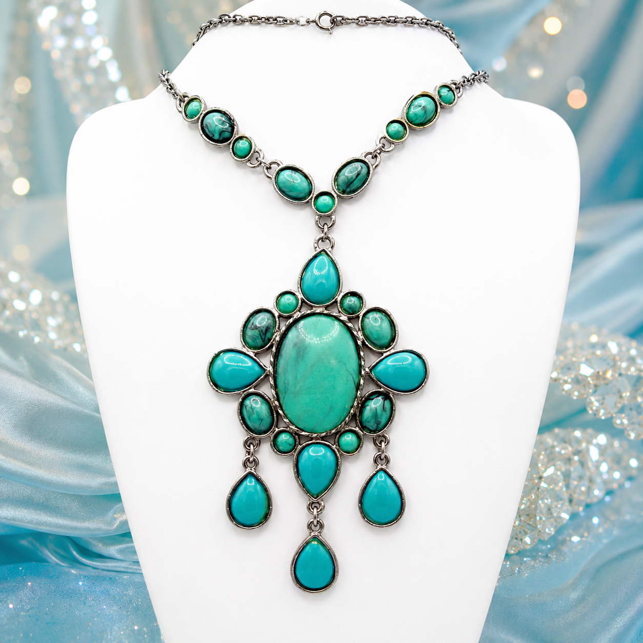 Vintage Juliana Faux Turquoise Cabochon Statement Necklace IIJJ #889