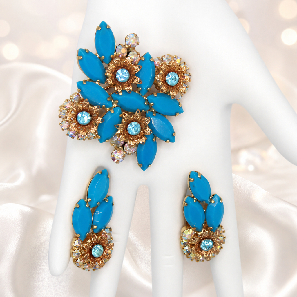Vintage Juliana Turquoise Blue Rhinestone Filigree Brooch Earrings Set IIJJ#9392